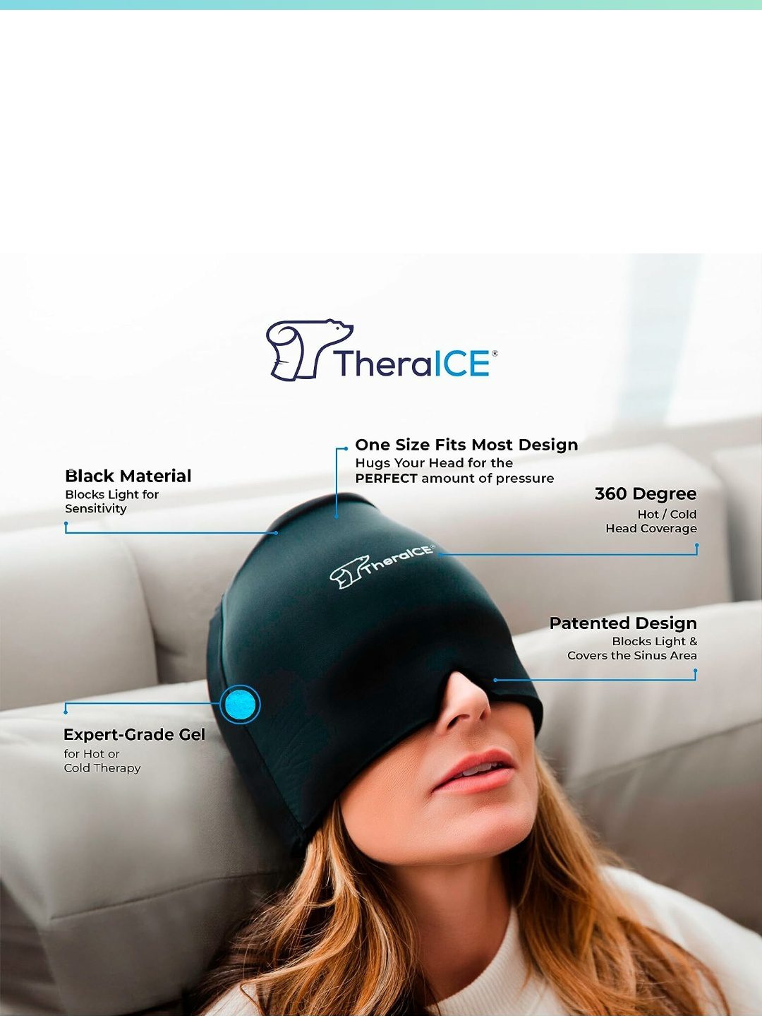 Calmando el dolor de cabeza con gorro de gel marca theralCE Rx Form Fit aplicando terapia de frío